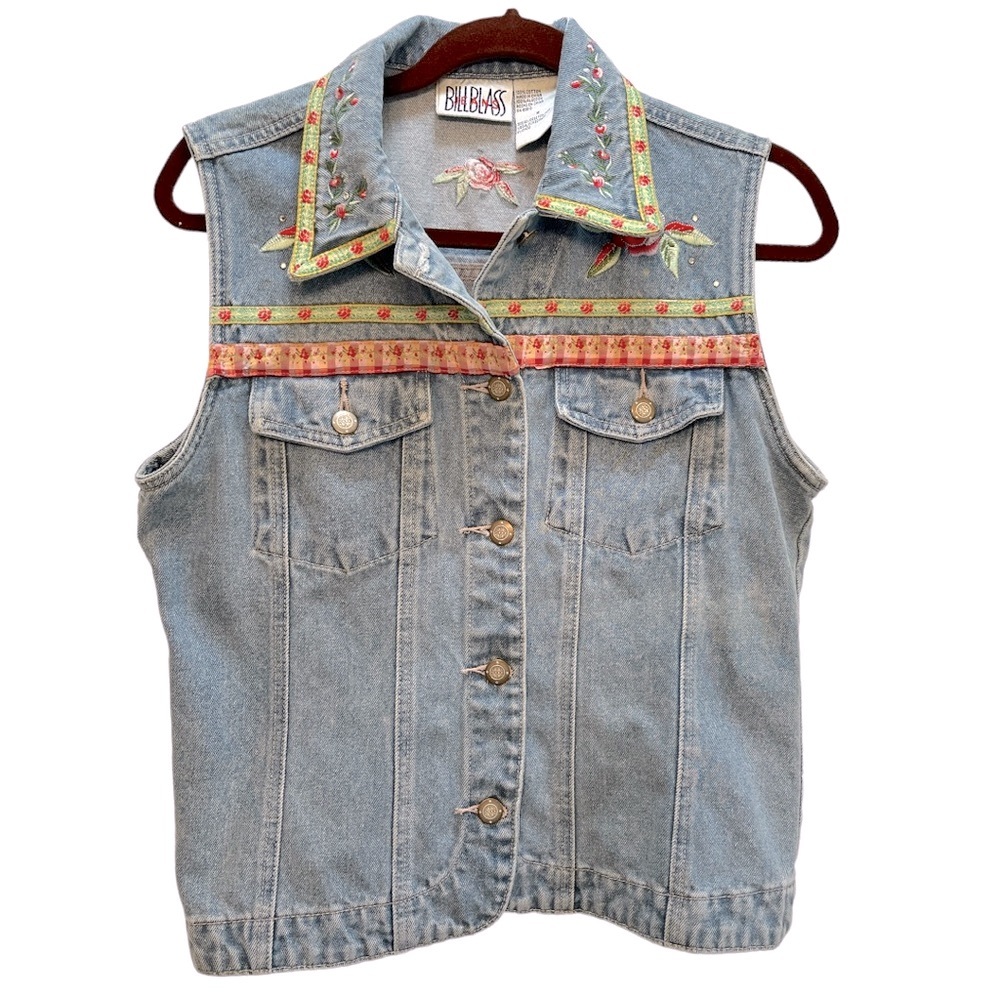 Vintage 90s Y2K Bill Blass Denim Embroidered Embellished Vest 100% Cotton